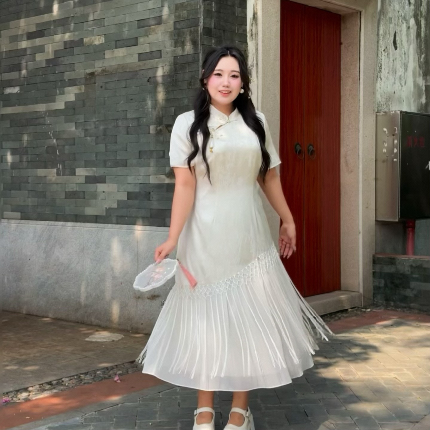 码加加51409大码旗袍新中式旗袍改良提花流苏盘扣国风连衣裙