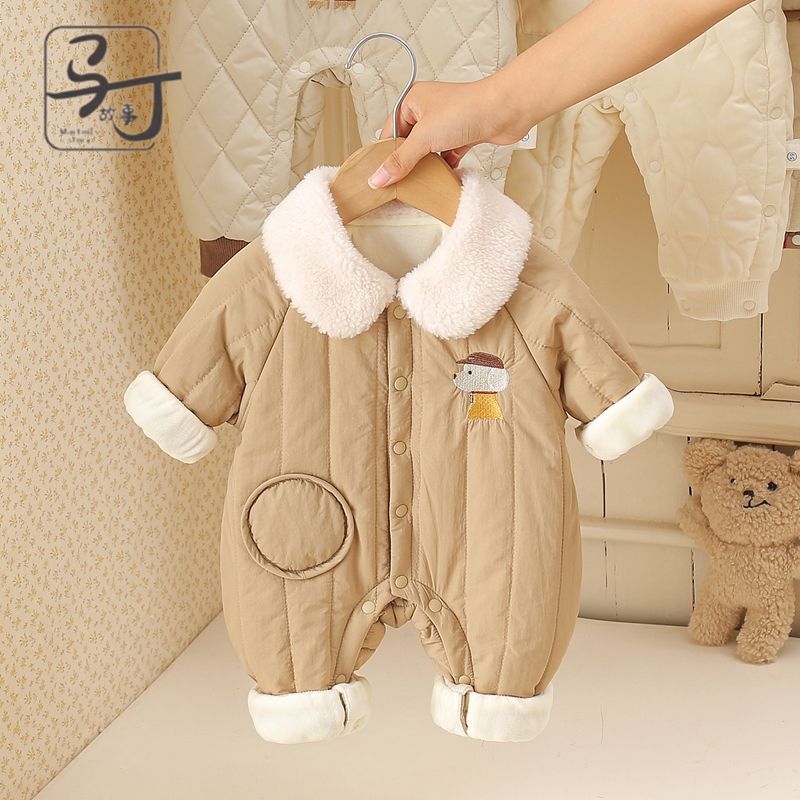 婴儿秋冬装连体衣服新生宝宝夹棉哈衣薄棉外套幼儿冬季加厚外出服