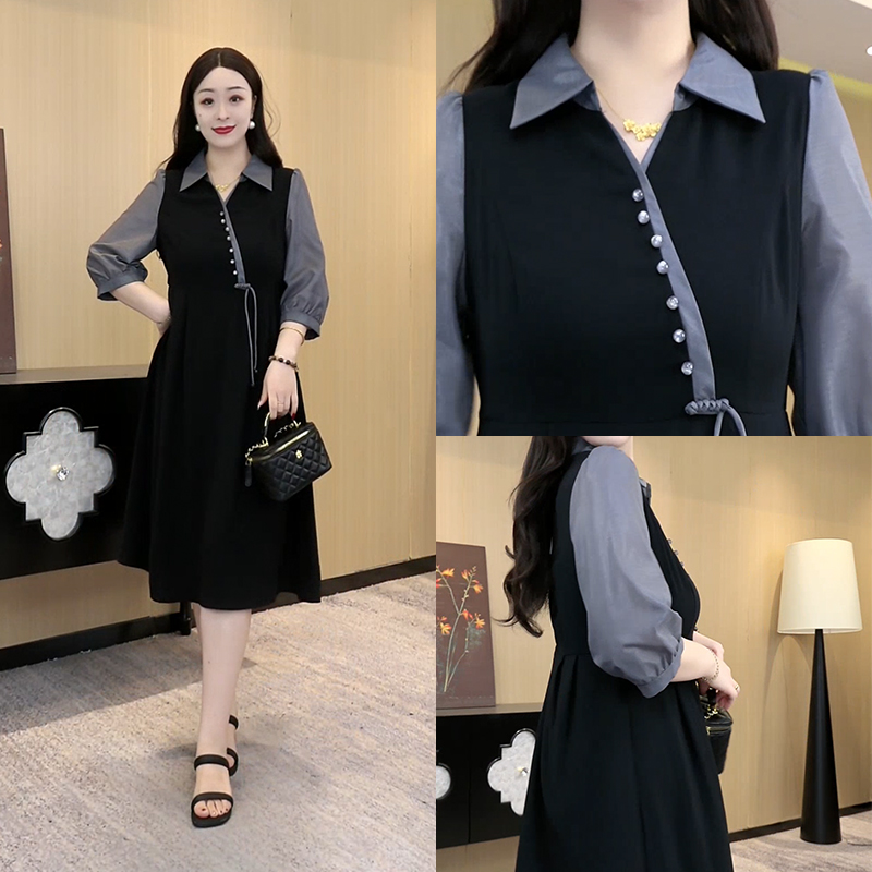 大码定制女装拼接气质显瘦简约时尚夏季中长款连衣裙ZB6736