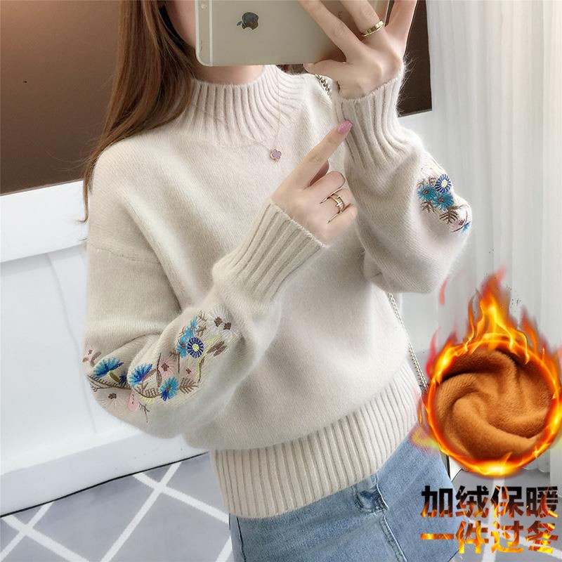 秋冬季女装新款2025爆款半高领色毛衣韩版短款绣花袖针织打底衫