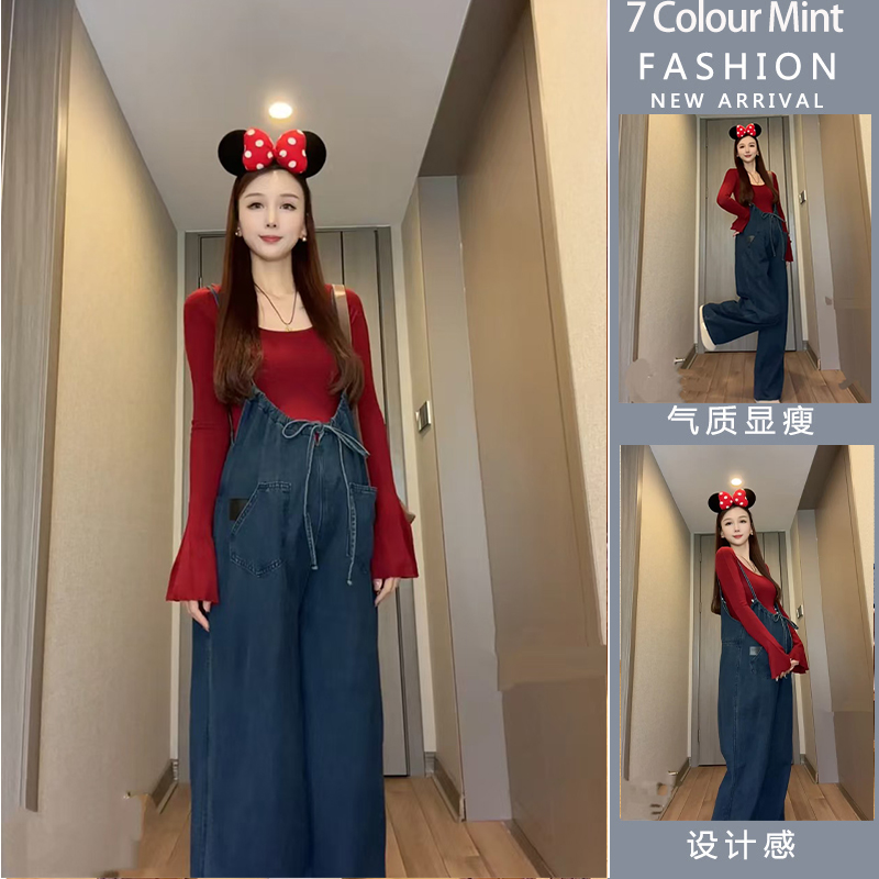 孕妇秋装牛仔背带裤时尚简约大码韩版套装网红气质前后两穿两件套