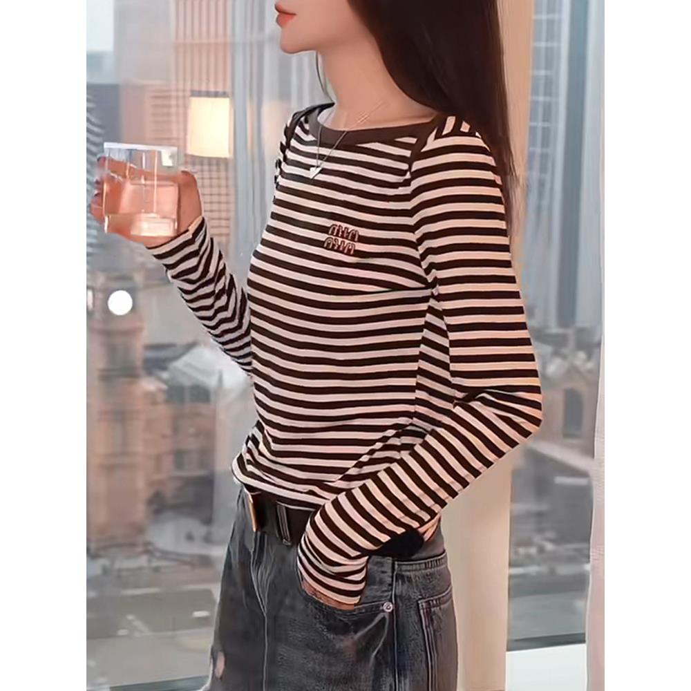 2025早秋季新款修身显瘦长袖恤条纹上衣女士设计感洋气百搭体恤