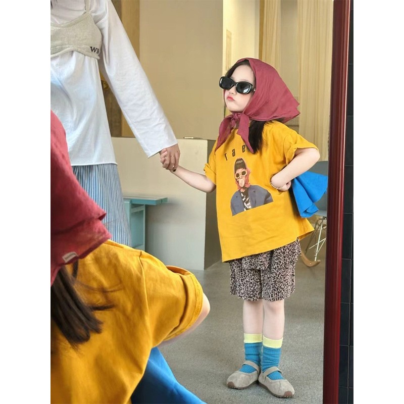 韩版女童印花潮流宽松短袖2025时尚夏季韩版女童宽松阔腿裤套装