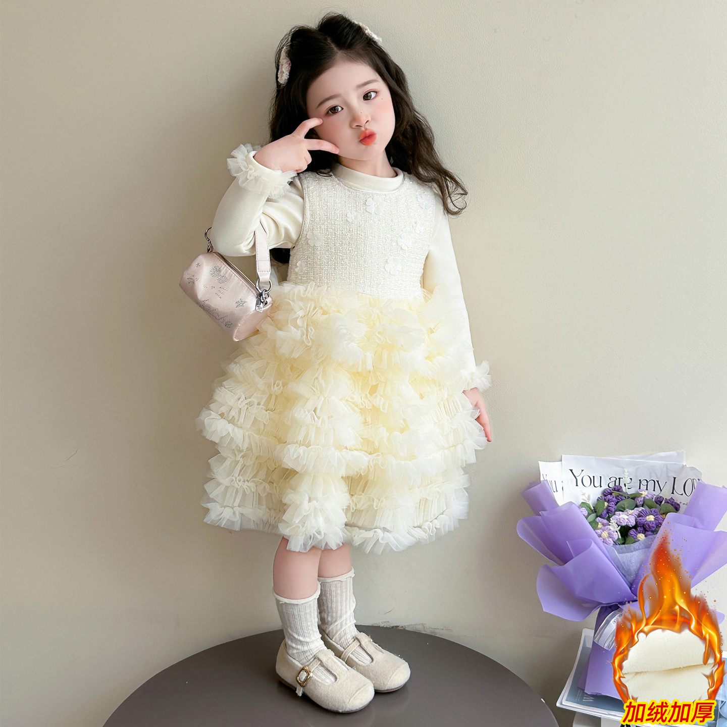 女童小香风蛋糕裙套装2025新款连衣裙冬季加绒生日公主裙儿童礼服