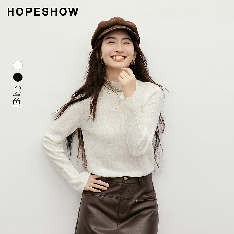 红袖2025秋女装 蕾丝提花木耳边喇叭袖正肩立领针织衫90225290104