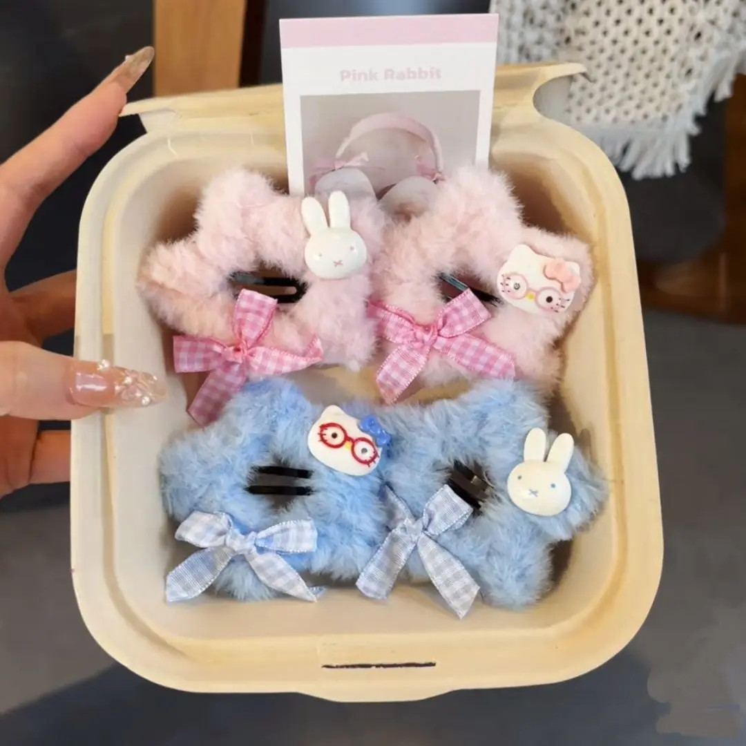 秋冬甜美猫咪格子蝴蝶结发夹少女可爱毛绒星星刘海BB夹侧边发卡子