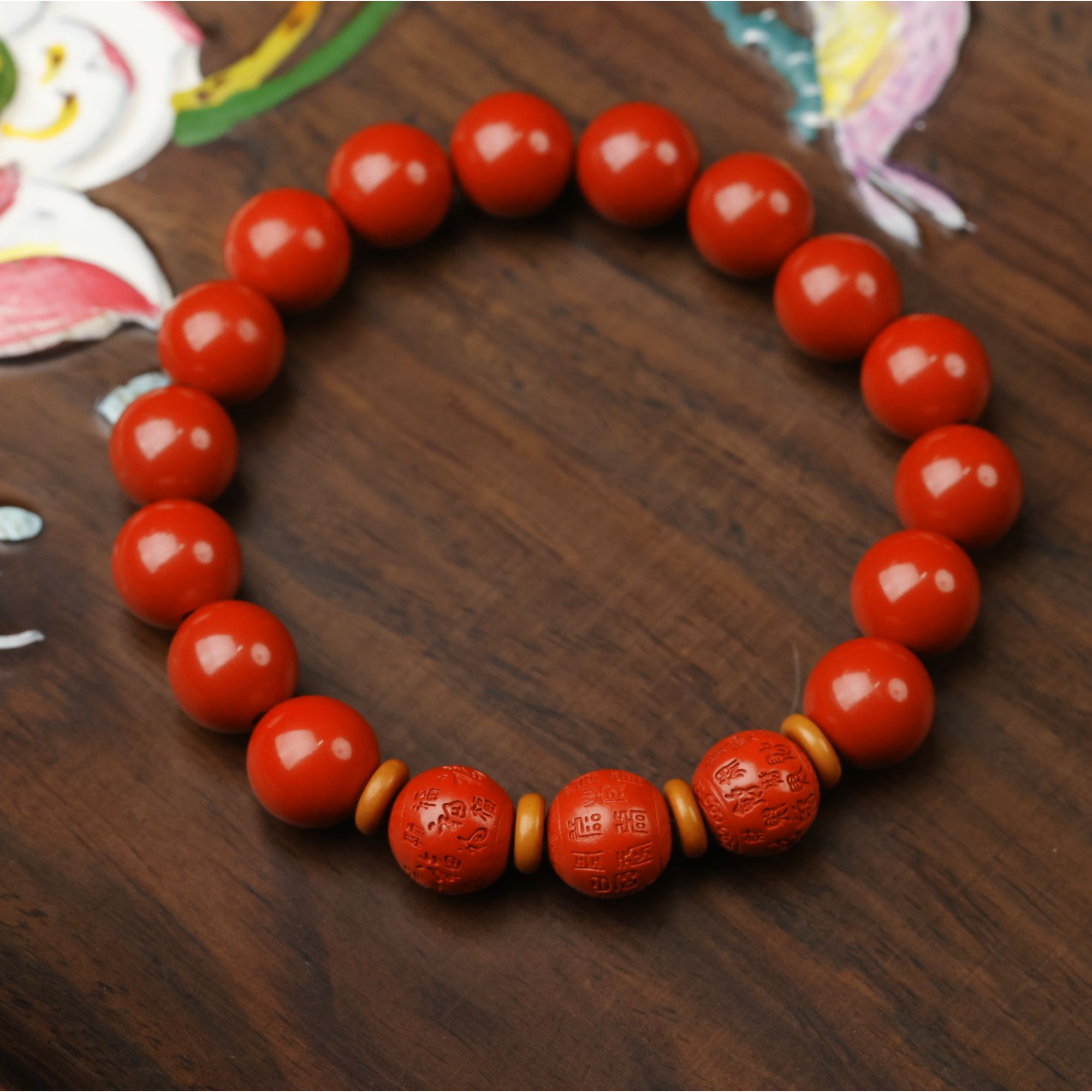 含辰砂工艺品【供销文创】【欢喜自在】高含量朱砂手串1.0cm百福手串