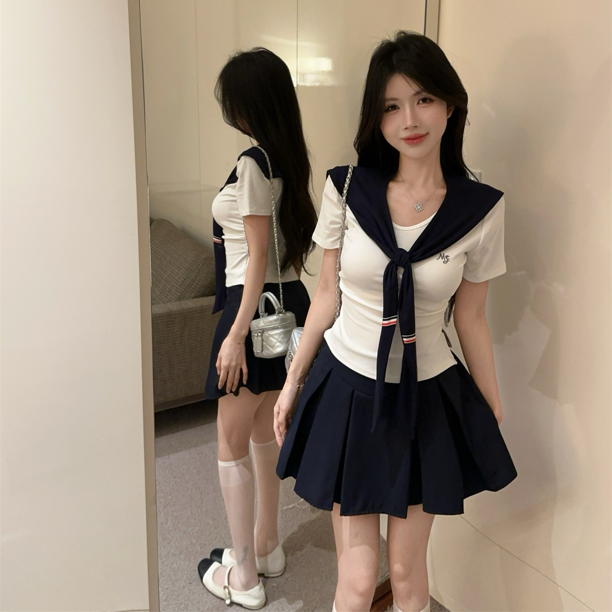 夏季学院风制服辣妹显瘦披肩短袖T恤上衣高腰a字百褶裙jk三件套