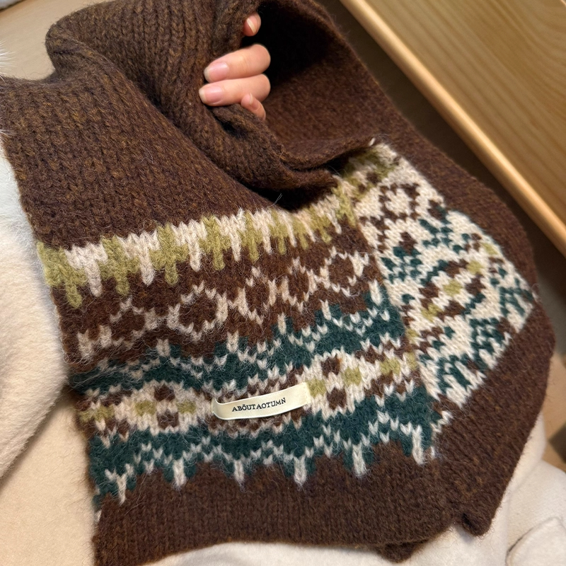 低饱和咖啡~费尔岛风提花毛线围巾女秋冬季新款保暖加厚针织围脖
