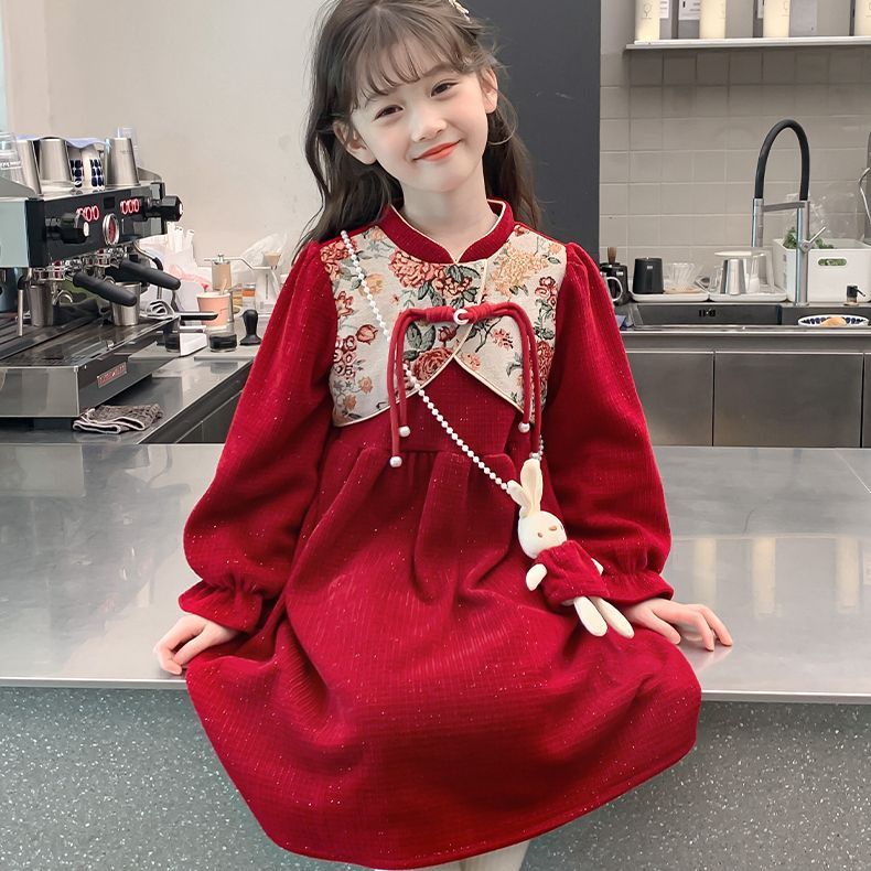 女童加绒加厚裙子童装洋气红色裙子女宝长袖冬季纯色春秋季小女孩