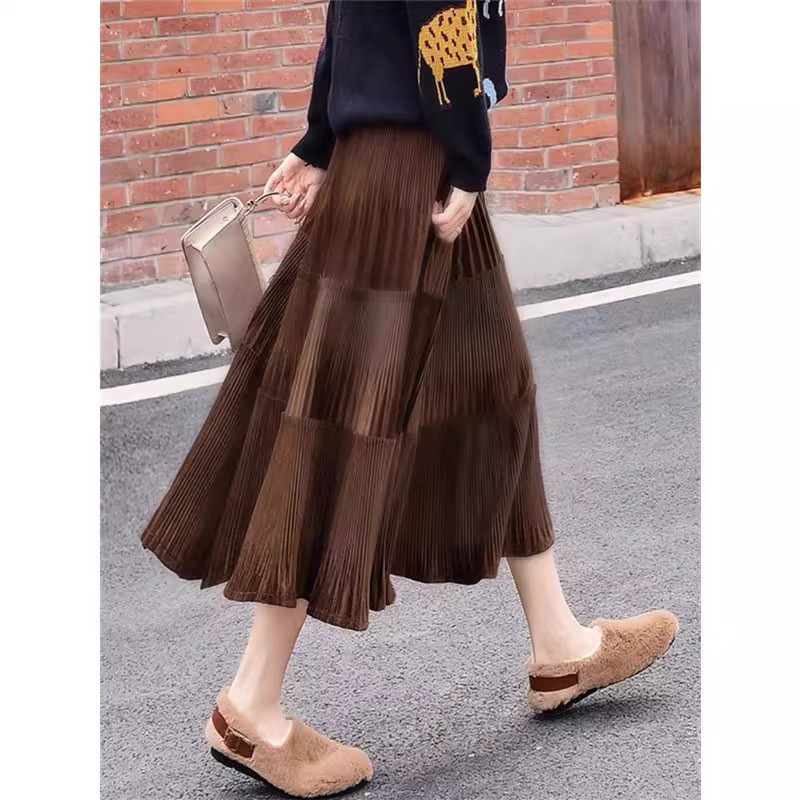 百褶半身裙女秋冬季压褶松紧高腰显瘦垂感a字伞裙长款大摆裙子