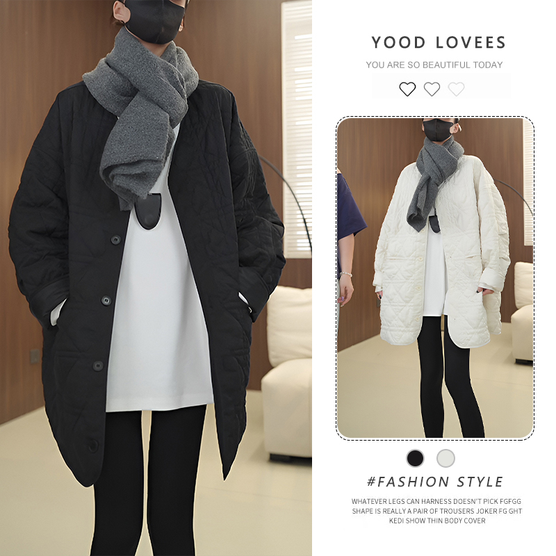 2025冬季新款时尚休闲风简约百搭宽松圆领纯色韩版上衣中长款棉服