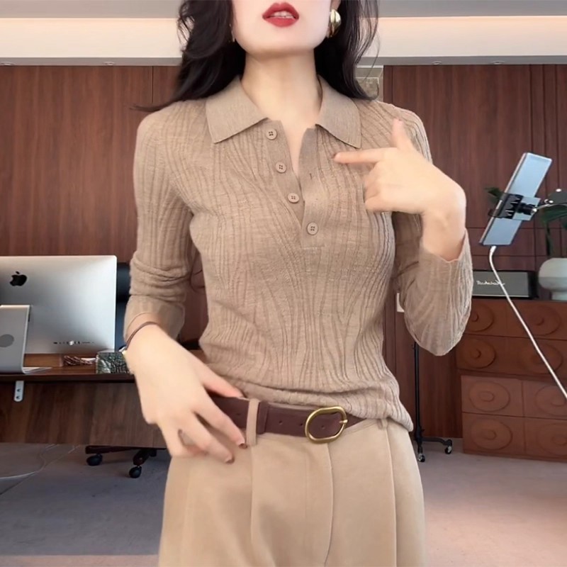 气质韩系氛围感上衣2025秋冬高级感长袖针织衫显瘦洋气减龄polo领