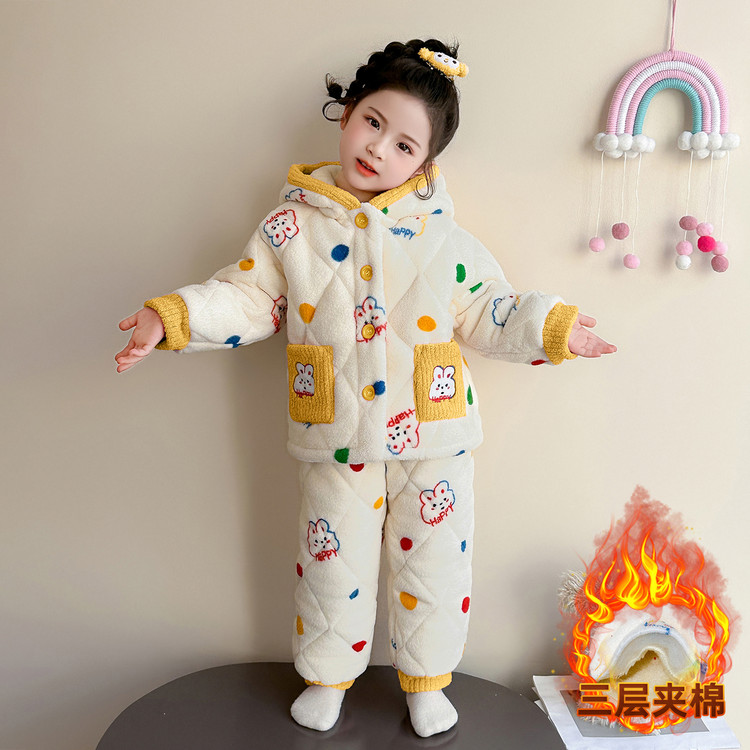 女童睡衣秋冬款2025新款儿童家居服冬季加绒加厚女孩宝宝连帽棉衣