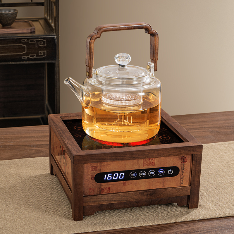 北美黑胡桃实木电陶炉1600W复古仕女图声控电茶炉烧水煮茶围炉