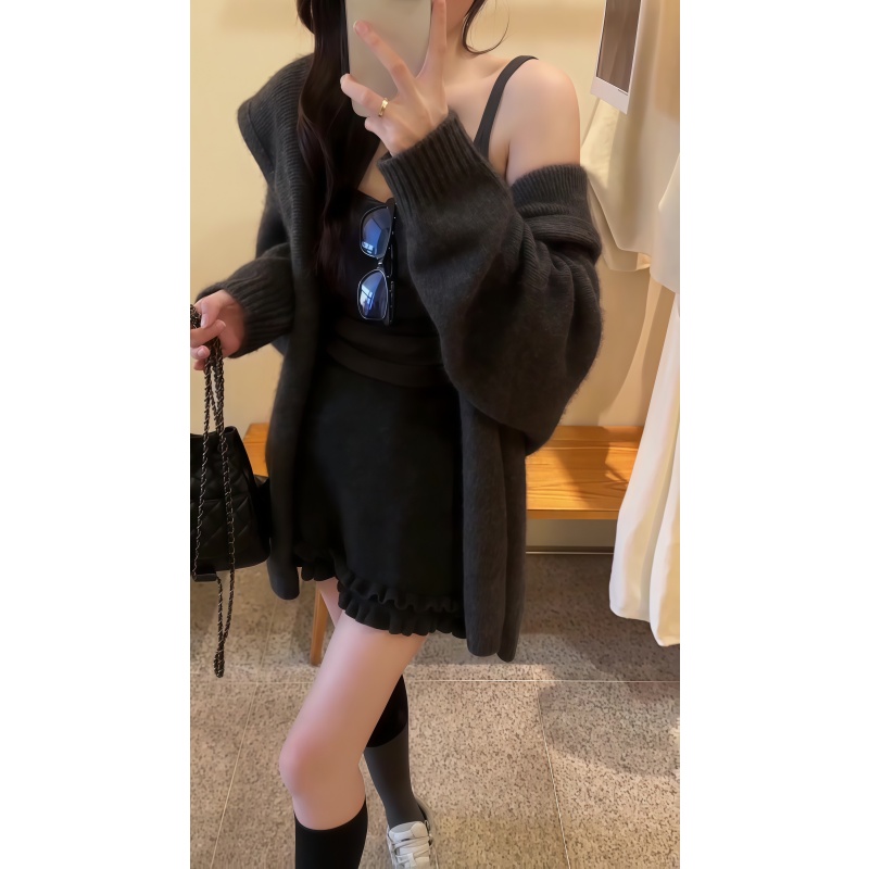 复古慵懒风软糯毛衣开衫纯欲针织背心两件套高腰气质显瘦百搭短裙