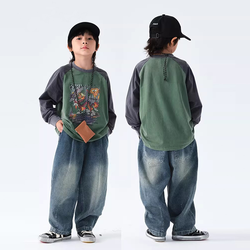 男童复古做旧儿童纯棉长袖T恤春秋新款儿童洋气上衣中大童打底衫