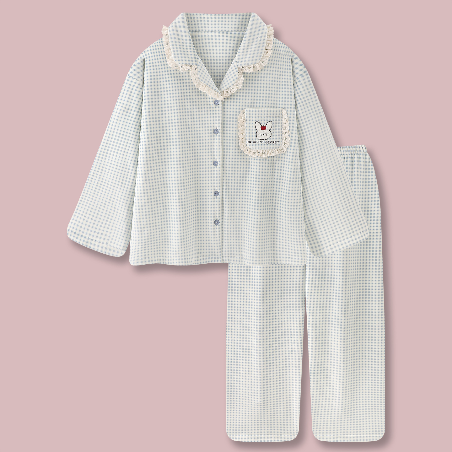 『兔子小屋』海岛绒睡衣女款冬季蕾丝兔子薄绒长袖家居服冬天套装