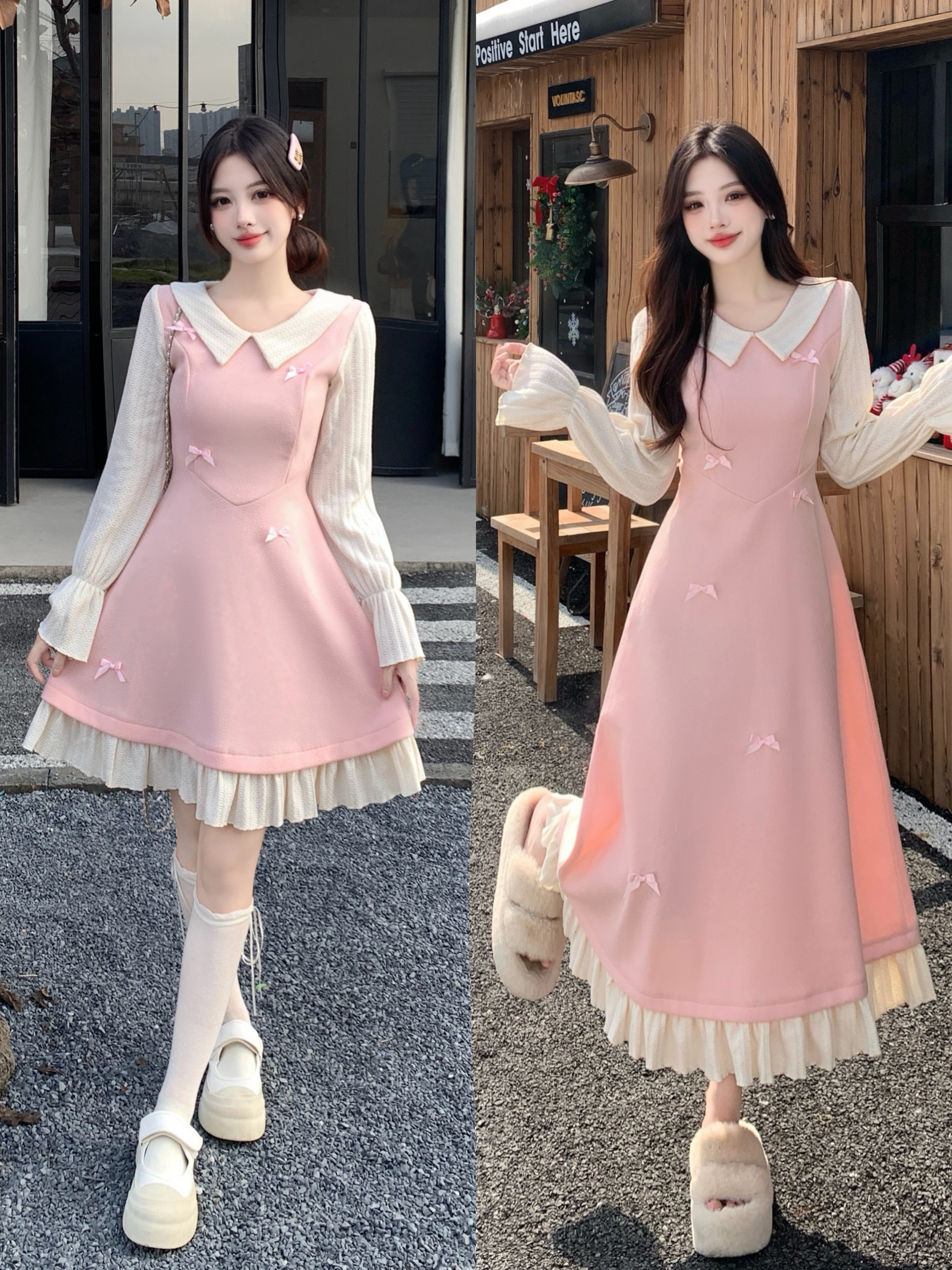 大码云端恋曲胖mm秋冬毛呢蝴蝶结娃娃领长袖连衣裙收腰显瘦A字裙