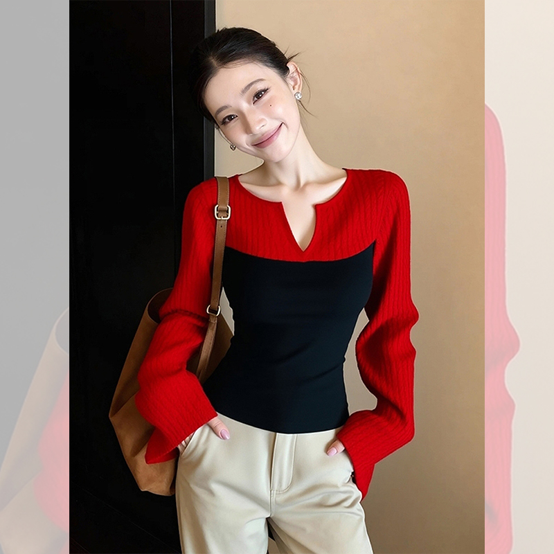 别致独特漂亮内搭V领小衫女装秋冬洋气高贵打底针织衫假两件上衣
