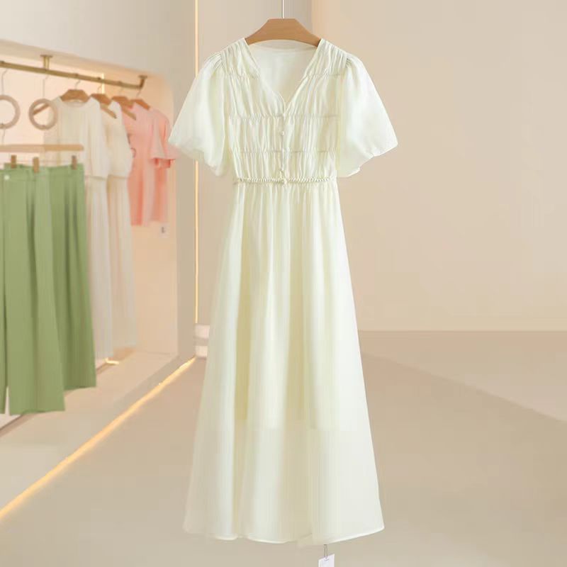 【F5287】法式纯色收腰气质百搭连衣裙2025新款女装