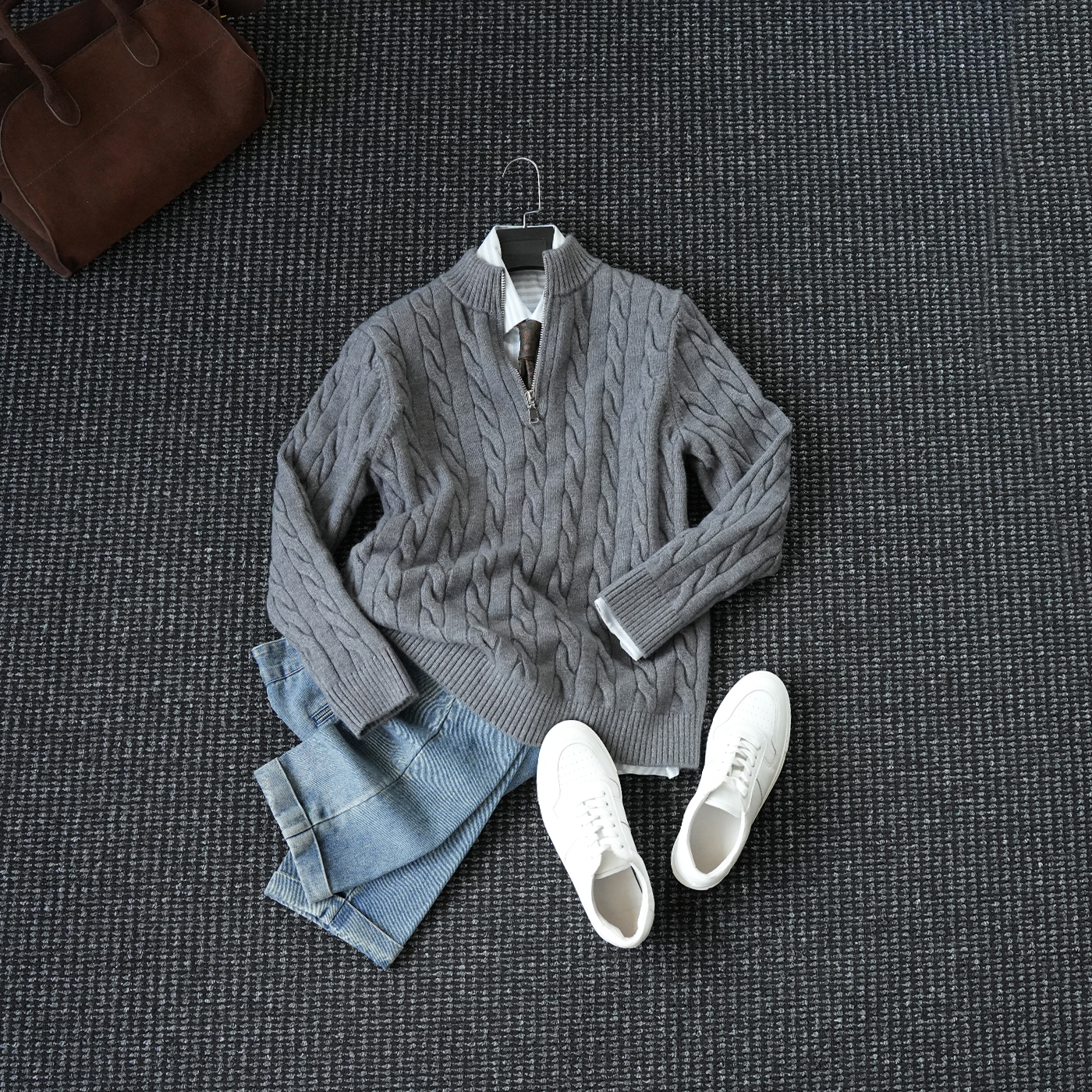 CssuGent冬季厚款麻花混纺半开高领针织毛衣男休闲老钱风痞帅线衫