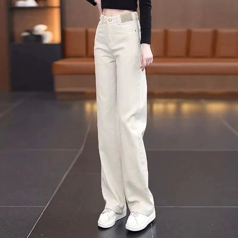 2025春秋季新款米白色软牛仔直筒裤裤子气质显瘦百搭窄版阔腿裤女