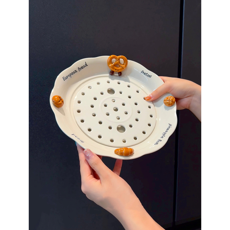 ONE 碱水包沥水饺子盘陶瓷深盘家用菜盘双层水饺釉下彩YM