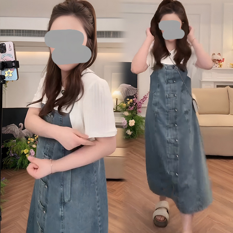 新中式盘扣假两件牛仔背带连衣裙女2025夏季新款宽松显瘦时尚裙子
