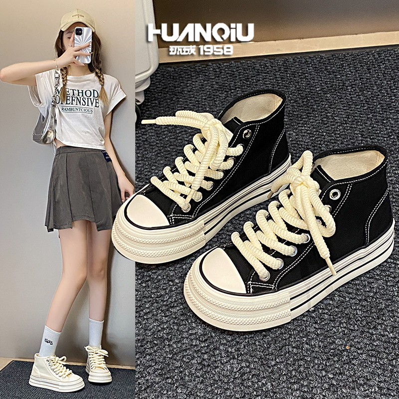 环球厚底高帮帆布鞋女春季新款增高休闲百搭夏季时尚透气小白鞋子