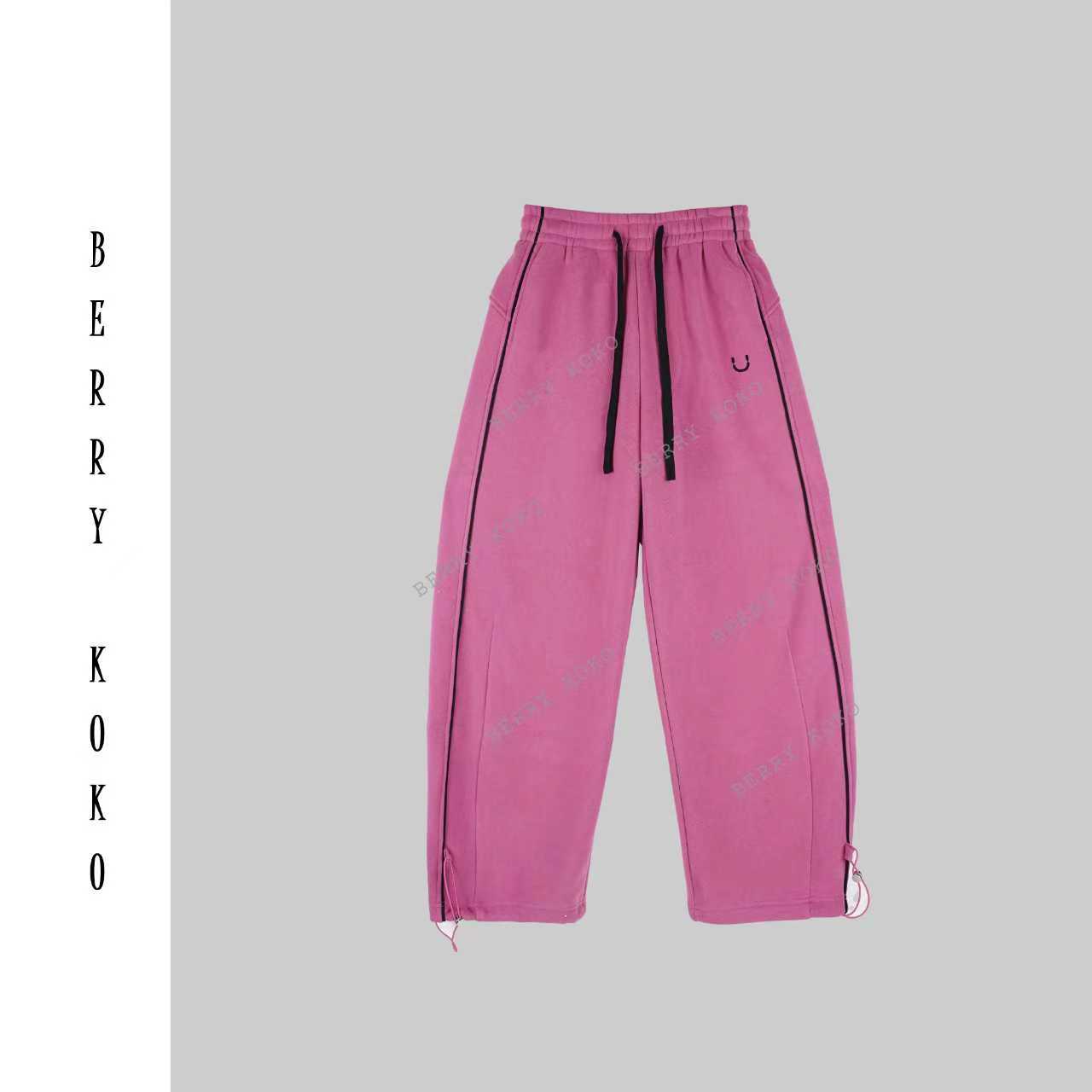 秋冬洗水提臀剪裁皮马棉”内里“加绒”杠条“笑脸”直筒卫裤K175