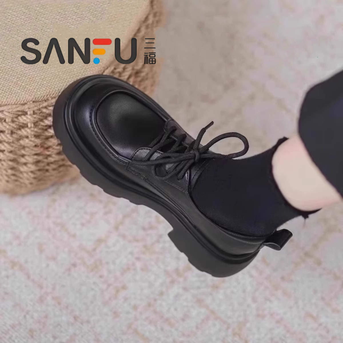 三福新款黑色小皮鞋2025春秋小个子增高配裙子单鞋厚底系带乐福鞋
