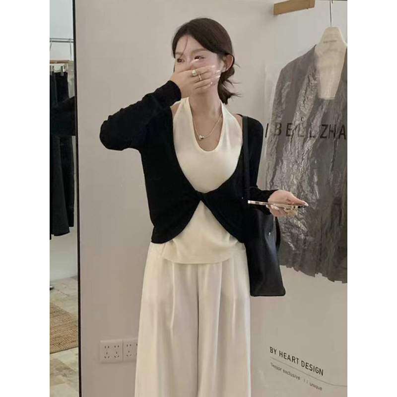 NUMEN BUTTON/灵扣撞色假两件交叉挂脖针织衫秋季修身内搭打底衫