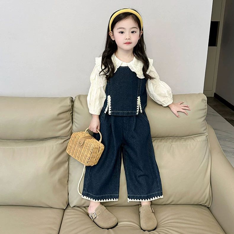 戴维贝贝同款2025秋季新款女童时髦翻领衬衫套装中小童洋气百搭牛
