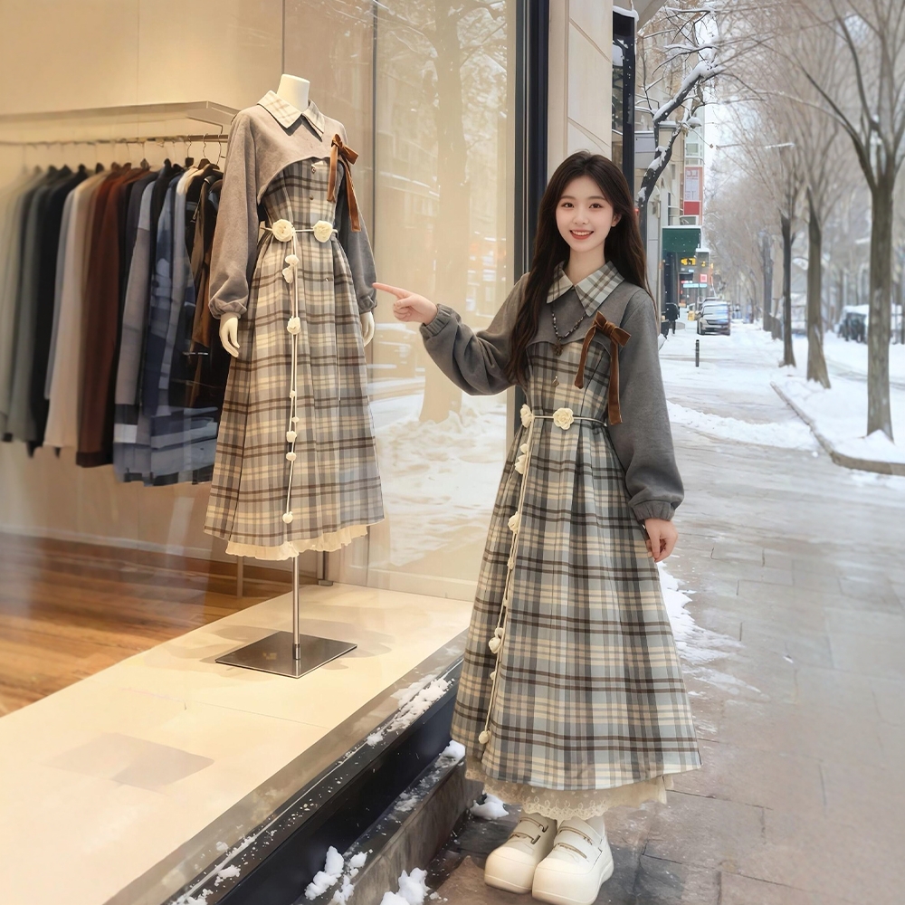 2025超火冬装一整套韩系温柔慵懒风针织罩衫叠穿格纹连衣裙套装女