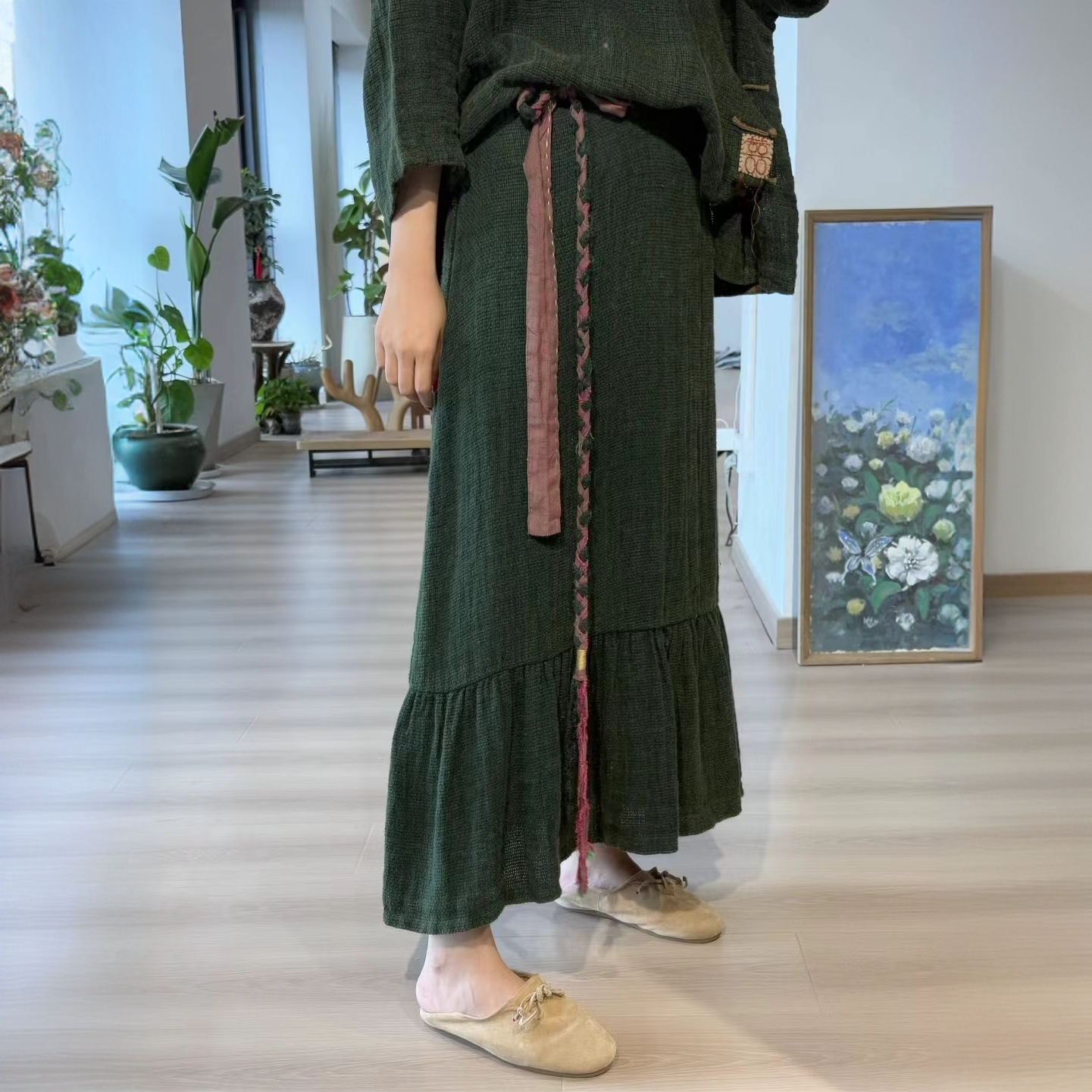 忆古朴拙衣牧了然双色亚麻编织手工鱼尾裹裙2510403