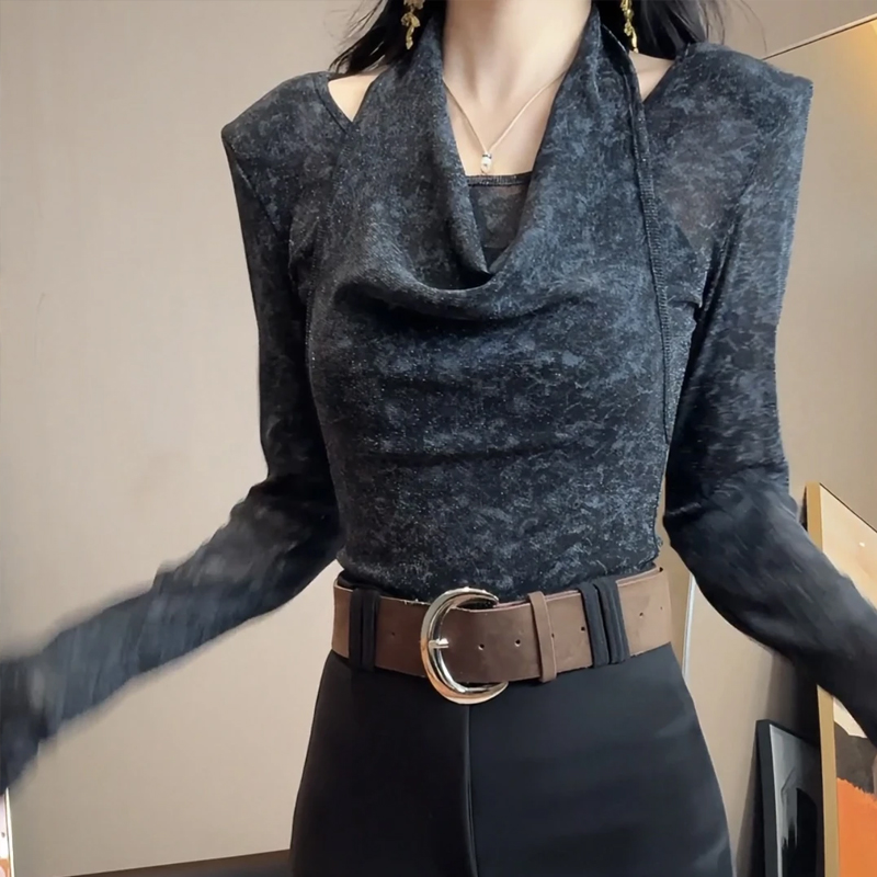 法式千金风挂脖拼接假两件上衣2025早秋季气质显瘦百搭长袖T恤女