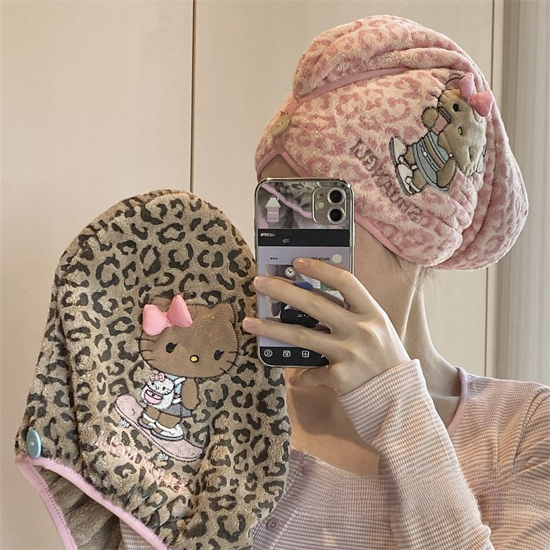 超厚Kitty豹纹猫咪干发帽吸水珊瑚头巾加厚速干浴帽干发巾可爱