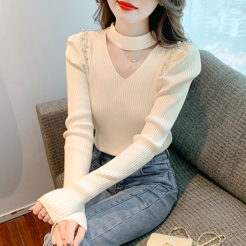 钉珠半高领针织衫打底衫女秋冬2025新款镂空显瘦内搭上衣挂脖毛衣