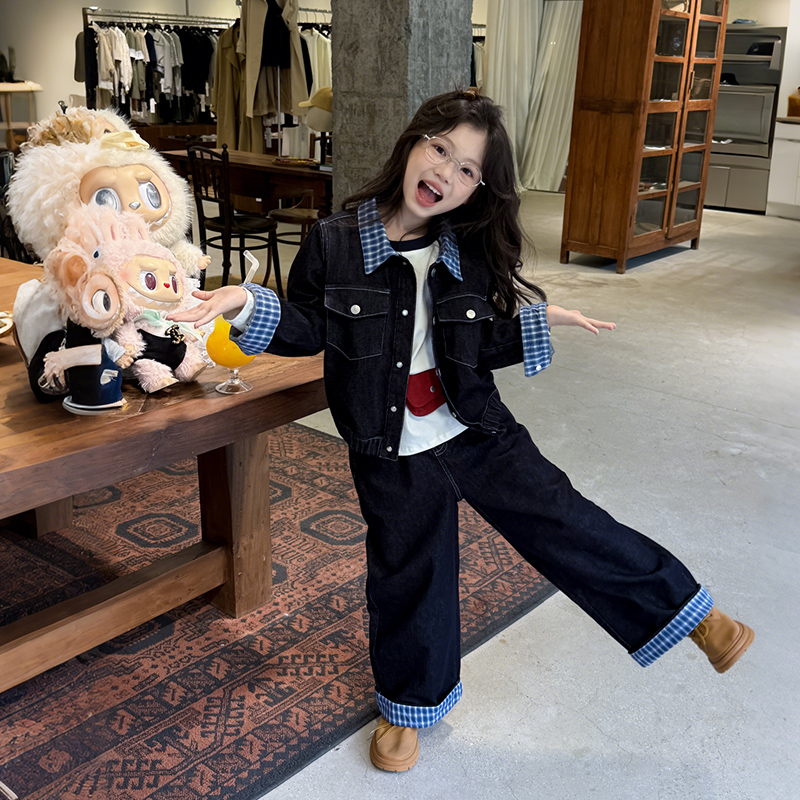 2025年中大女童秋季新款韩版时尚洋气纯色格子拼接复古牛仔套装