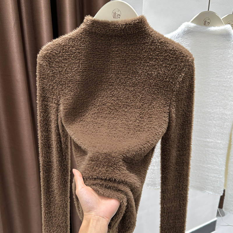 咖色复古厚款半高领打底衫修身软糯上衣女秋冬新款洋气长袖针织衫