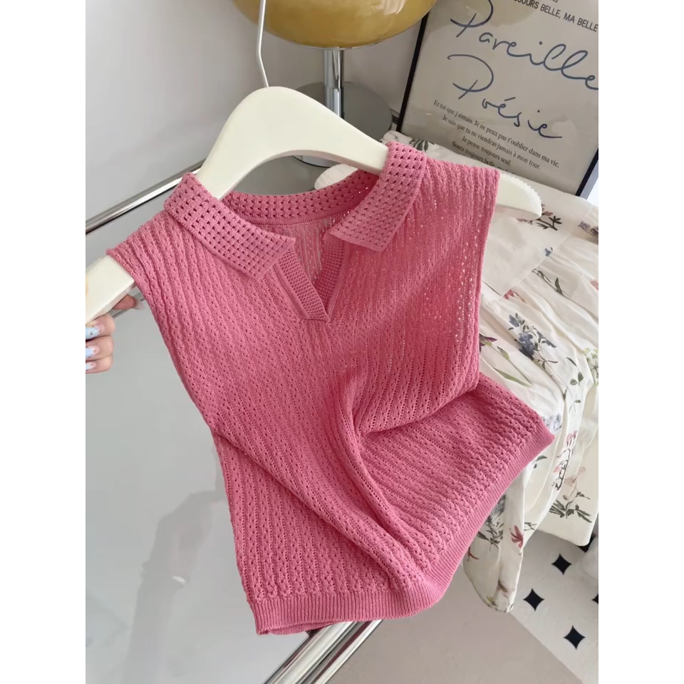 多巴胺炸街独特漂亮上衣气质高级感玫粉色翻领无袖针织t恤女夏季