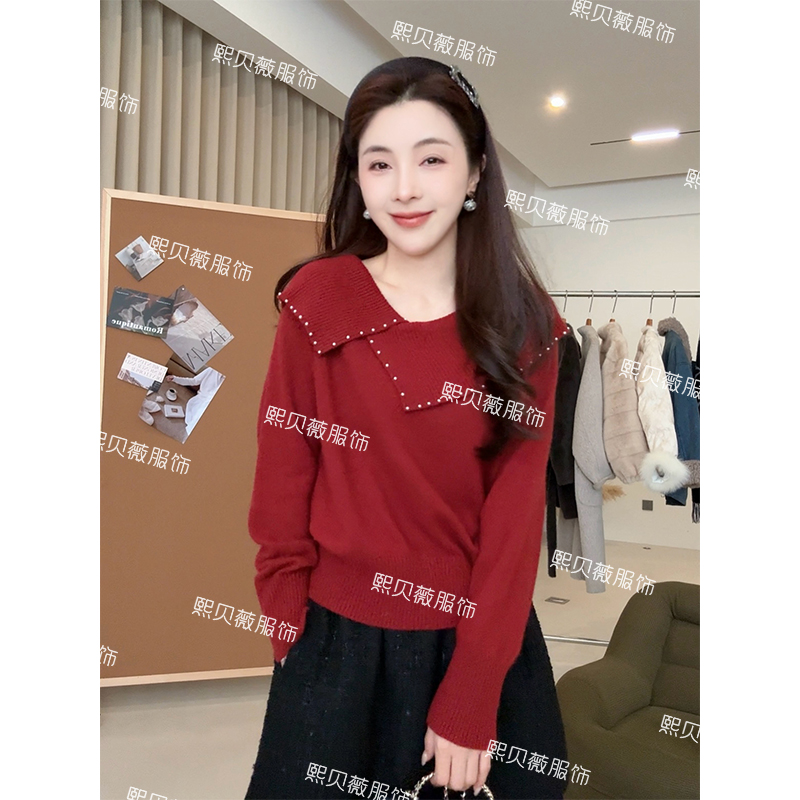 熙贝薇2 绵羊毛+兔毛珠珠大翻领冬季新款百搭针织衫毛衣 G5902