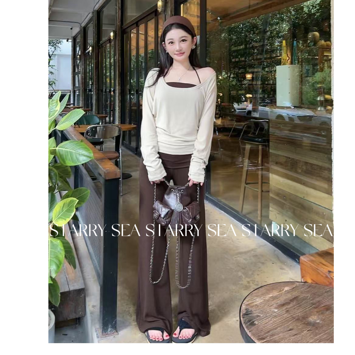 PP【姐系松弛】U领纯欲风长袖T恤吊带挂脖翻边长裤套装#PP0166TZ