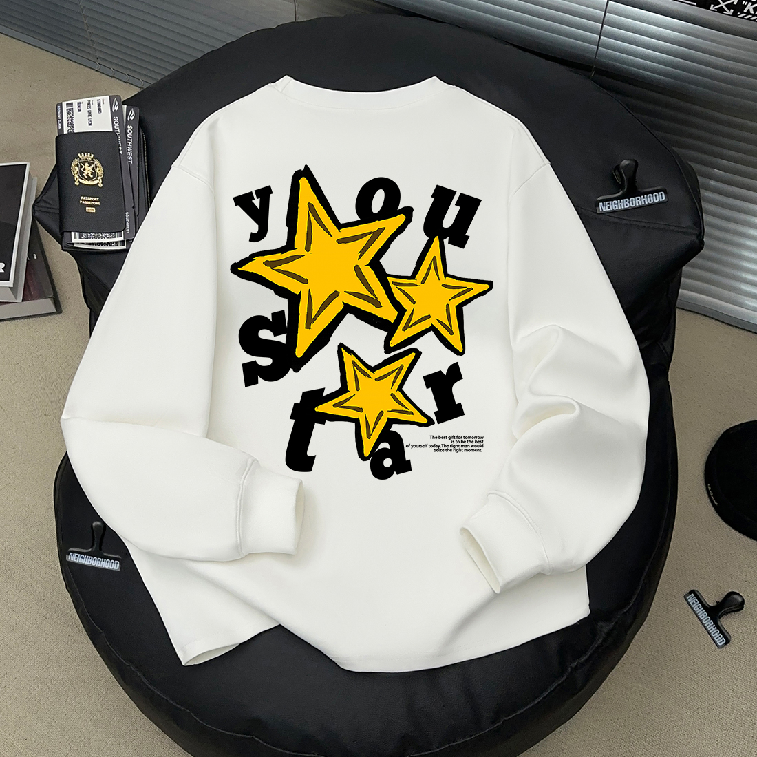 美式潮流简约星星字母印花男女长袖T恤秋季100%纯棉情侣休闲上衣