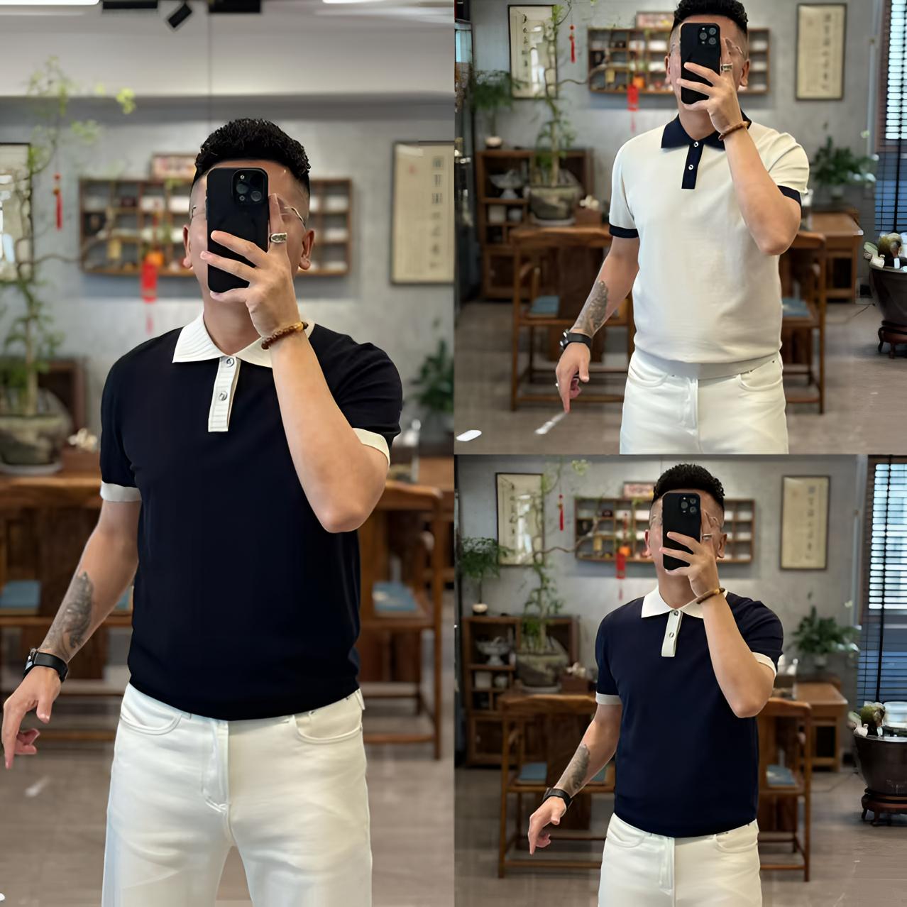 88873欧货秋季轻奢简约绵羊毛混纺翻领撞色男士针织POLO衫