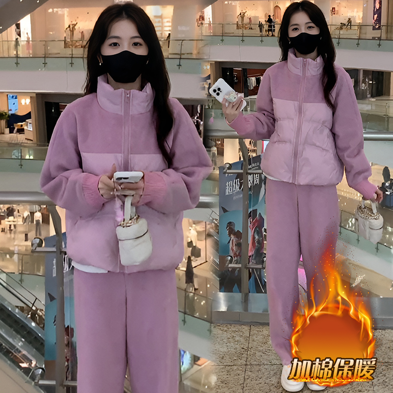 时尚运动套装女秋冬季新款棉服卫衣外套裤子宽松显瘦保暖两件套潮