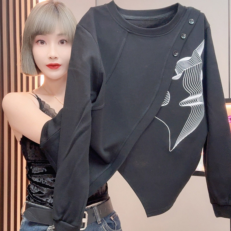 秋季韩版时尚洋气漂亮显瘦上衣女印花复古百搭开叉套头款宽松长袖