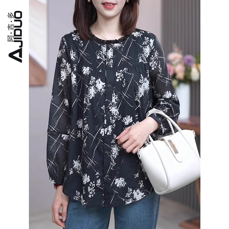 A21189阿吉多长袖印花衬衫女春秋新款大码宽松花边领高级感上衣