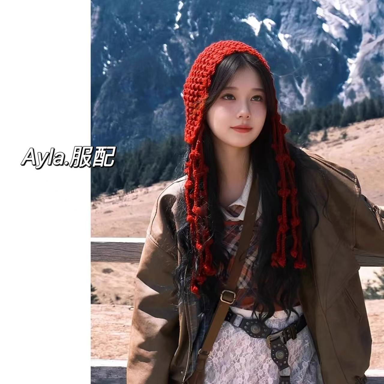 川西旅游镂空针织帽子女出游百搭流苏绑带安可雷穿搭毛线套头冷帽